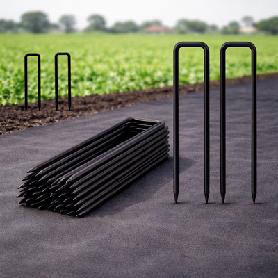FARMLIV™ 6 Inch Heavy Duty Black Coated Steel U Pin Landscape Staples – 11 Gauge (3mm) Ground Anchors for Weed Mat, Geotextile & Garden Fabric – Rust Resistant