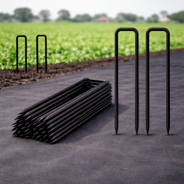 FARMLIV™ 6 Inch Heavy Duty Black Coated Steel U Pin Landscape Staples – 11 Gauge (3mm) Ground Anchors for Weed Mat, Geotextile & Garden Fabric – Rust Resistant