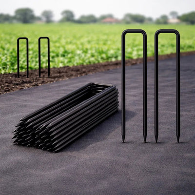 BhoomiBharat - 6 Inch Heavy Duty Black Coated Steel U Pin Landscape Staples - 11 Gauge (3mm) Ground Anchors for Weed Mat, Geotextile & Garden Fabric - Rust Resistant