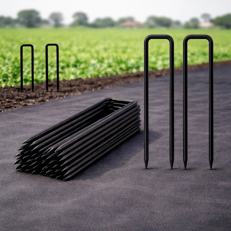BhoomiBharat - 6 Inch Heavy Duty Black Coated Steel U Pin Landscape Staples - 11 Gauge (3mm) Ground Anchors for Weed Mat, Geotextile & Garden Fabric - Rust Resistant - BhoomiBharat