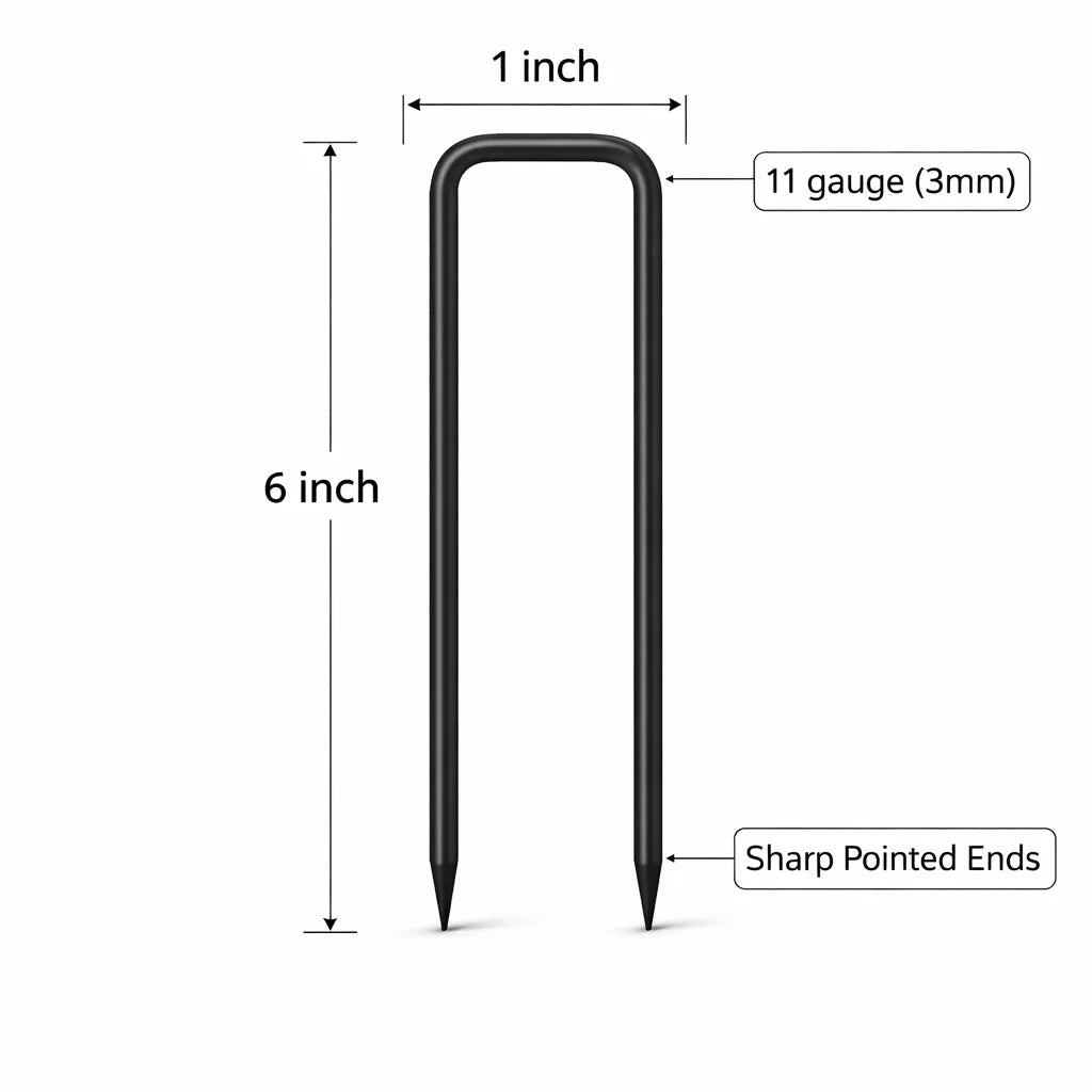 BhoomiBharat - 6 Inch Heavy Duty Black Coated Steel U Pin Landscape Staples - 11 Gauge (3mm) Ground Anchors for Weed Mat, Geotextile & Garden Fabric - Rust Resistant - BhoomiBharat