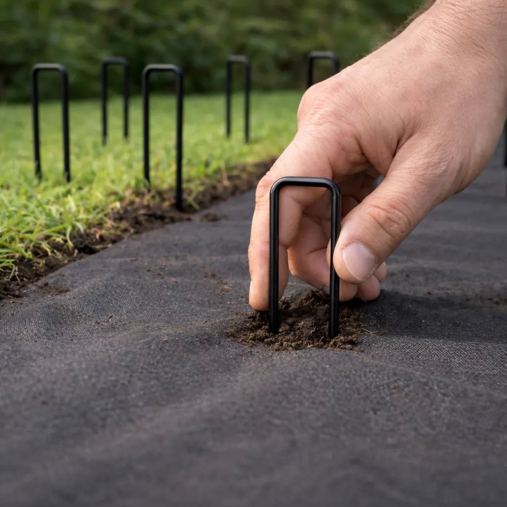 BhoomiBharat - 6 Inch Heavy Duty Black Coated Steel U Pin Landscape Staples - 11 Gauge (3mm) Ground Anchors for Weed Mat, Geotextile & Garden Fabric - Rust Resistant - BhoomiBharat